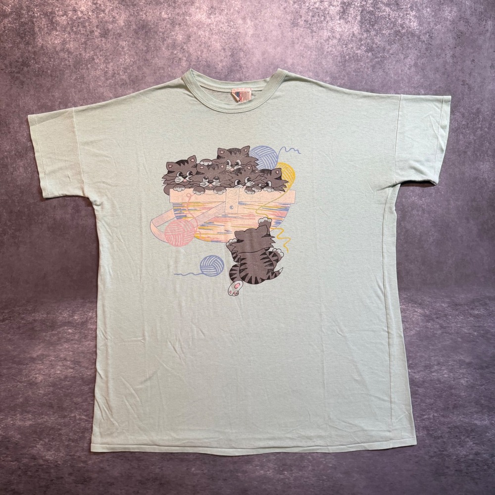 Vintage Bold Spirit Shirt Womens XL Mint Green Kittens Yarn Graphic Tee 90s Vtg